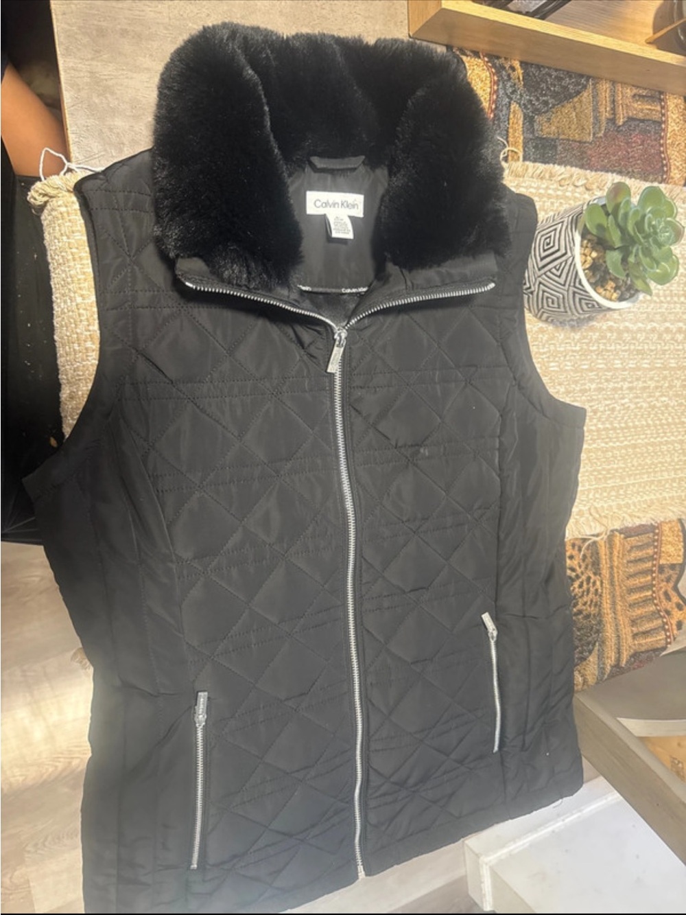 Calvin Klein Black Quilted Vest with Faux-Fur Collar